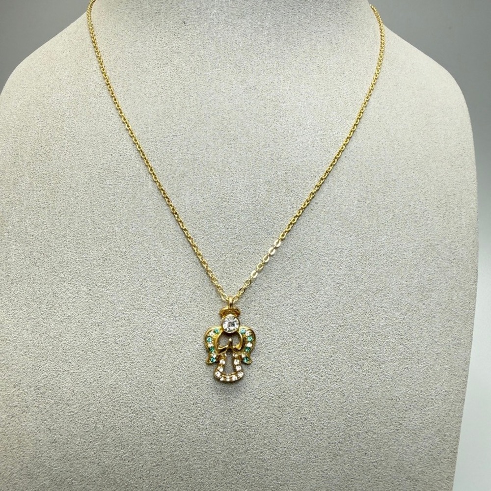 Gold Tone Rhinestone Praying Angel Necklace‎ 18" Dainty Religious
